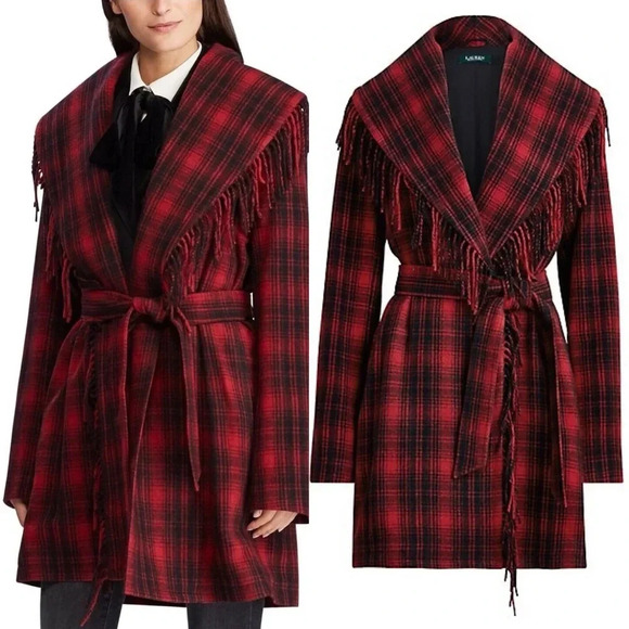 Lauren Ralph Lauren 18W Wool Blend Red Plaid Wrap Coat Fringe Italy - Picture 1 of 11